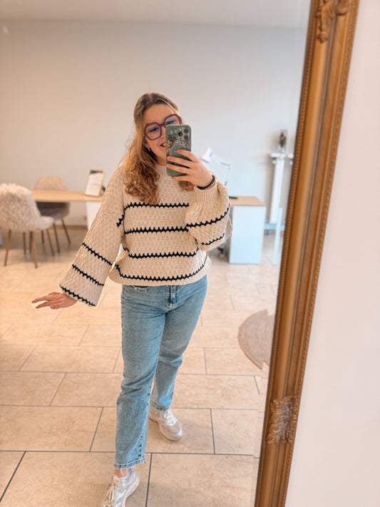 Comfy Knit Sweater – Cream/Black Stripe